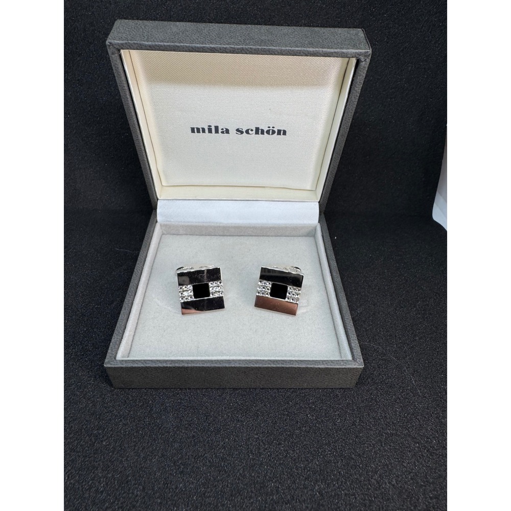 Mila Schön Cufflinks Tie Tack Set of 2 Vintage Gold Tone Black Square - Picture 9 of 10